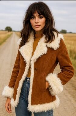 Vintage Shearling Genuine Fur Coat Tie Close Brown Boho Hippie
